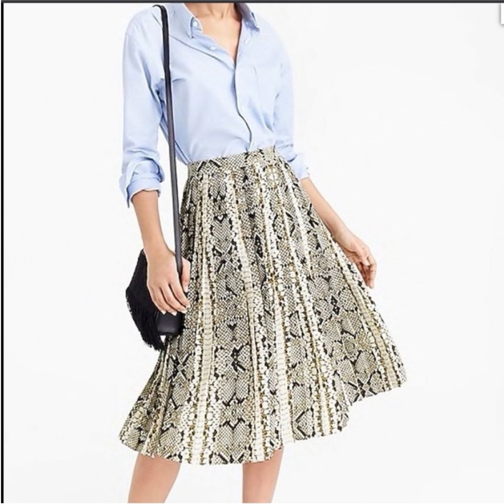 J. Crew Snake Print Pleated Midi Skirt in Black, White & Tan